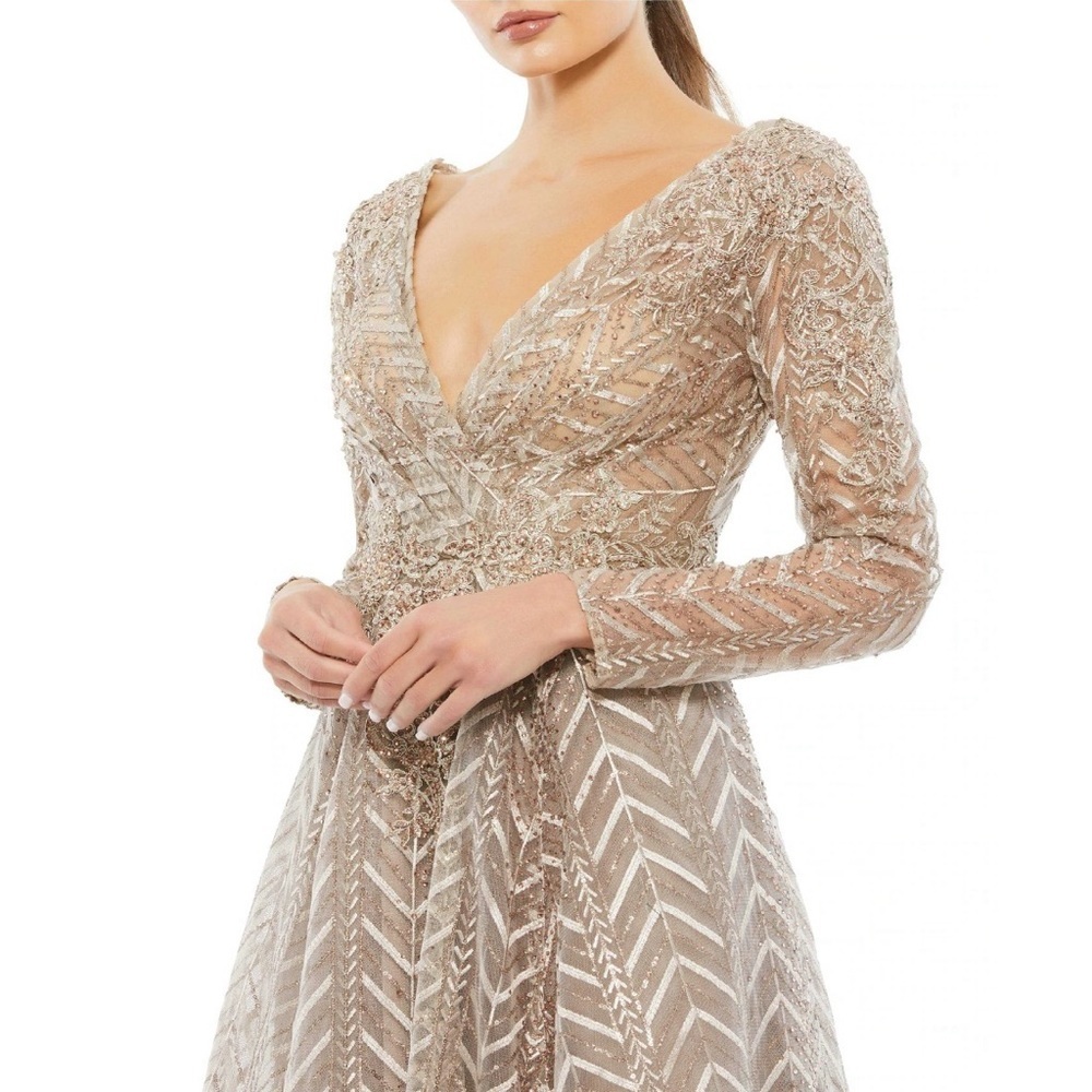 Mac Duggal 20189 Embellished Illusion Long Sleeve Wrap Over A Line Gown Sz 4 NWT - Picture 3 of 14